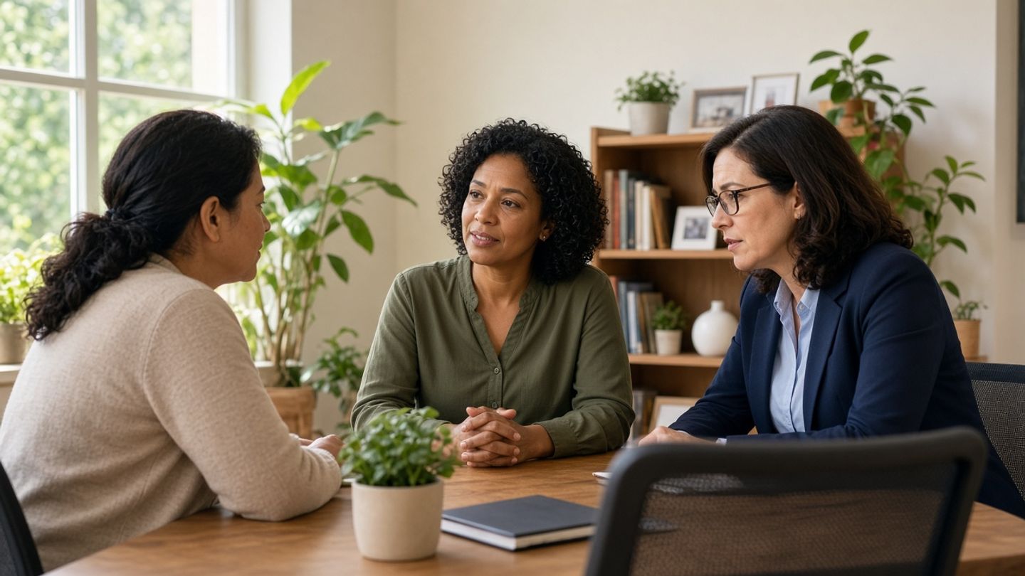 Three school staff members, including a counselor, talk together at a table in a calm office with plants and bookshelves.