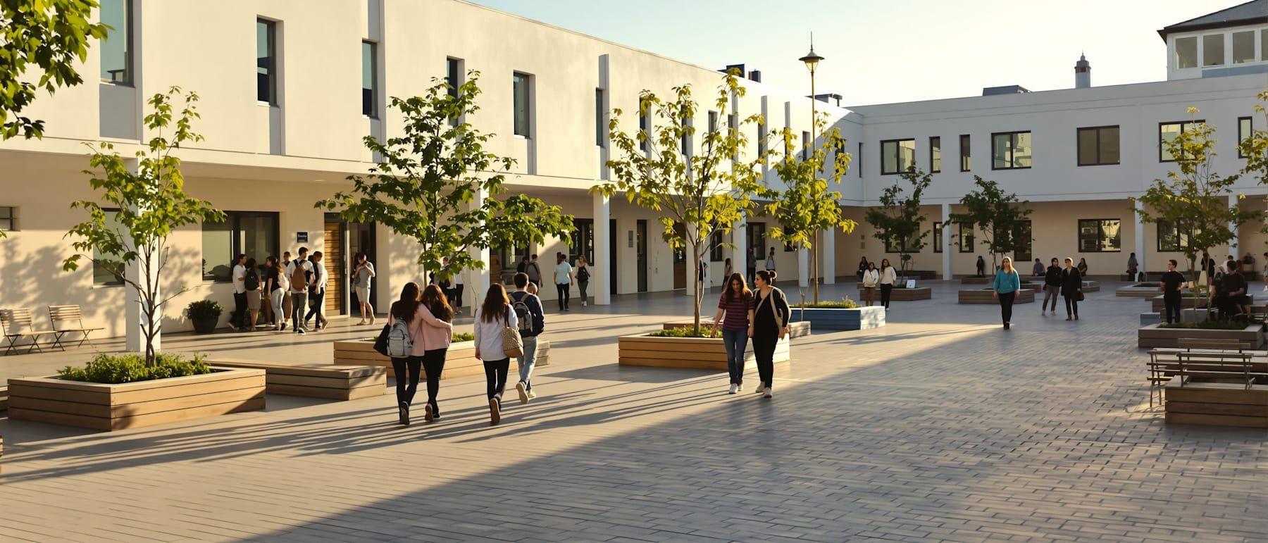 Students walking through a school courtyard in late afternoon sunlight.