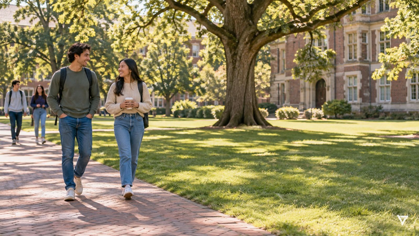 Two smiling college students walk side by side along a sunlit brick path across a green campus quad, beneath a large oak tree and in front of a red-brick academic building.