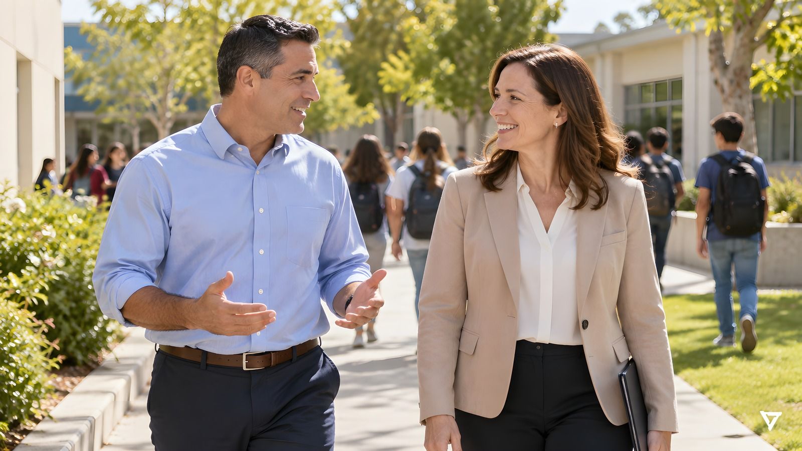 A district safety director and a principal talk as they walk along a sunny school campus path, with students in the background.