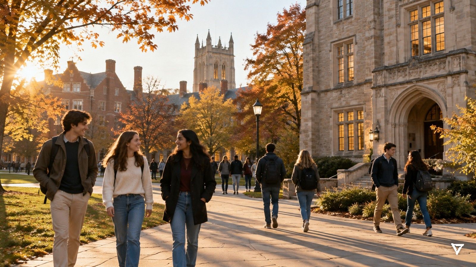 College students walk and talk along a stone path across a university quad lined with autumn trees and brick and stone buildings in warm late-afternoon light.