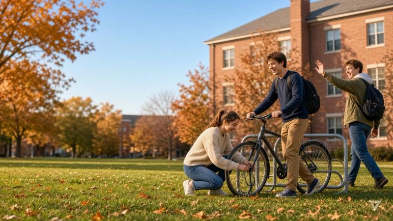 Students parking their bikes at a campus bike rack on a sunny autumn afternoon.