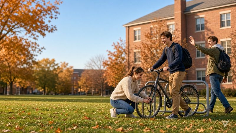 Students parking their bikes at a campus bike rack on a sunny autumn afternoon.