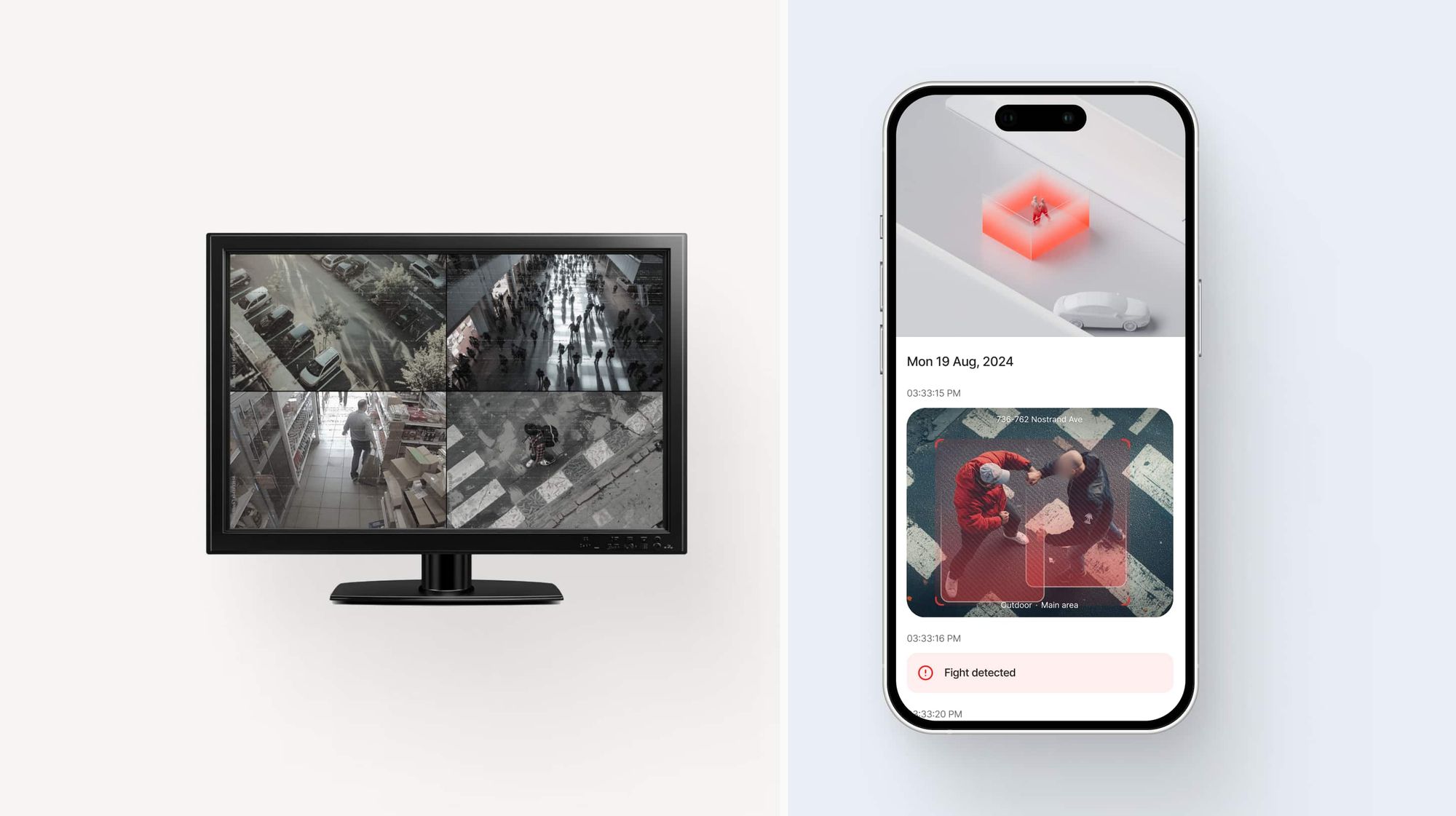 A wall monitor showing four camera feeds beside a phone showing a single verified alert.