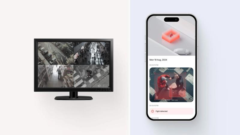 A wall monitor showing four camera feeds beside a phone showing a single verified alert.