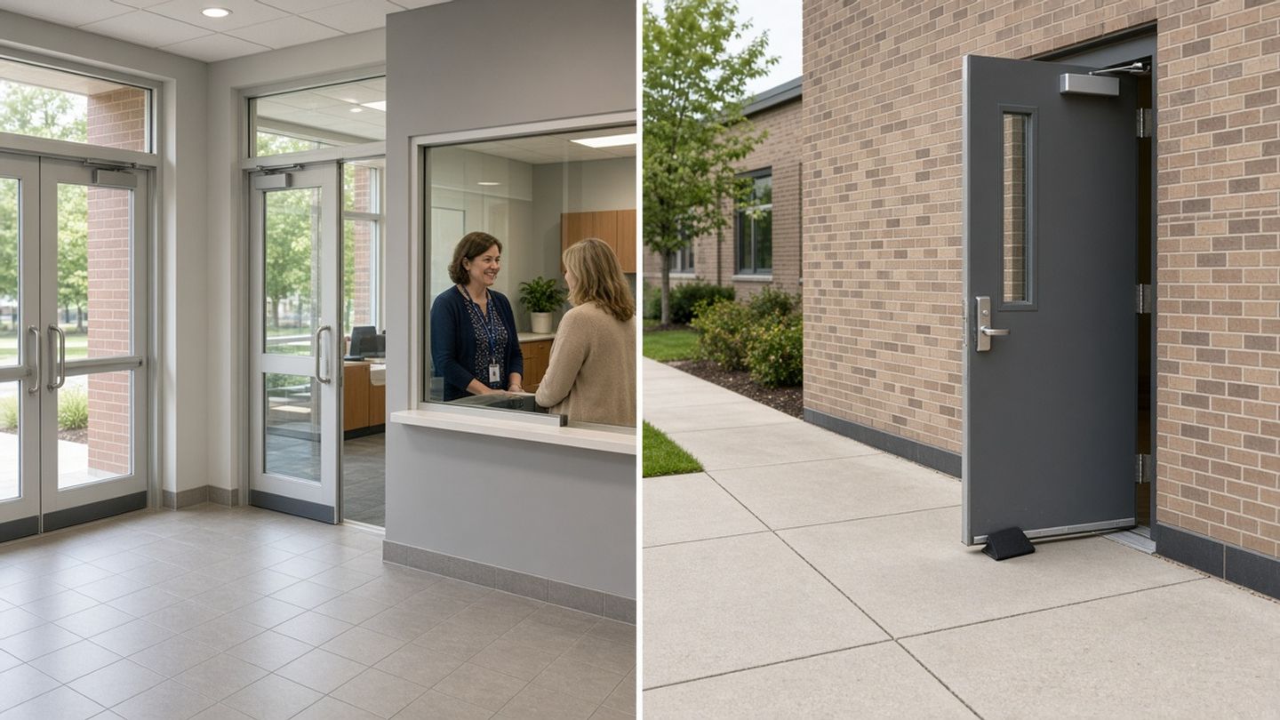Side-by-side photos of school entrances. Left: a glass entry vestibule with office staff behind a transaction window. Right: a metal side door propped open with a wedge.