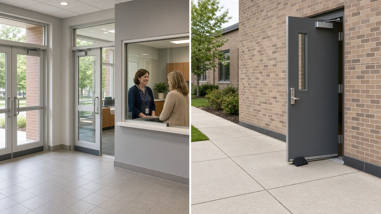 Side-by-side photos of school entrances. Left: a glass entry vestibule with office staff behind a transaction window. Right: a metal side door propped open with a wedge.