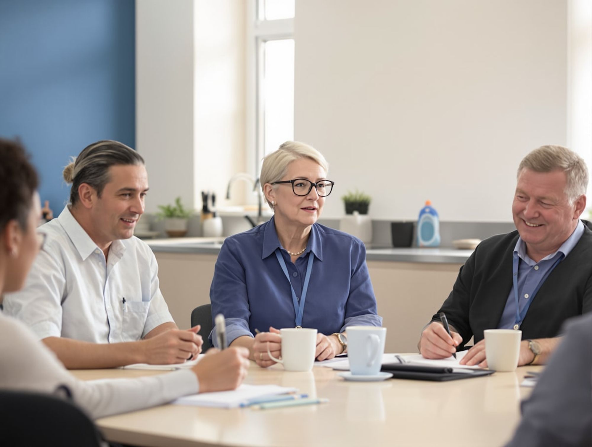 Teachers and school staff of mixed ages meeting around a table in a staff room.