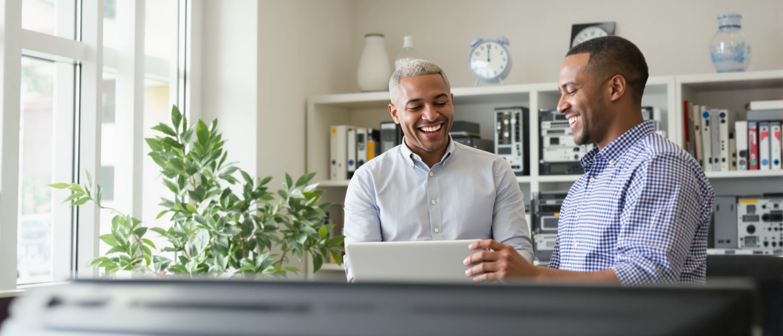 Two IT staff members smiling while reviewing a laptop together in an office