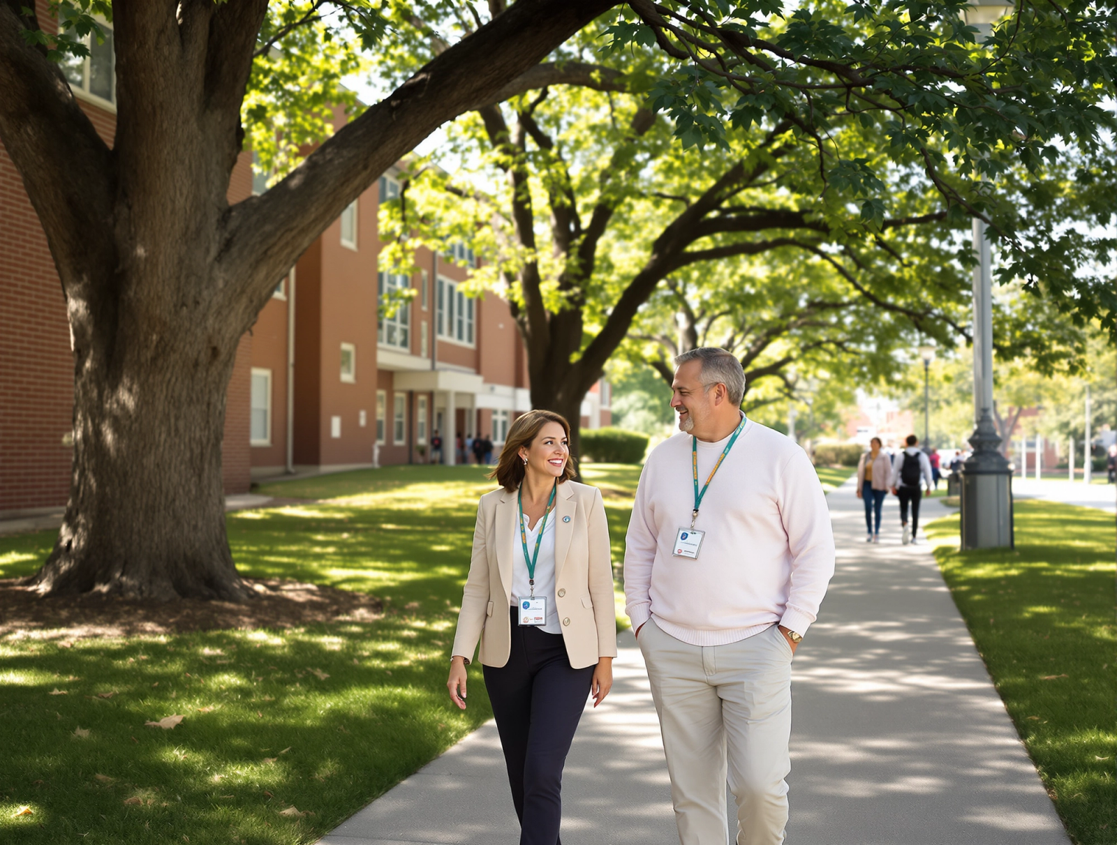 Two school leaders with staff lanyards walking and talking on a tree-lined campus path