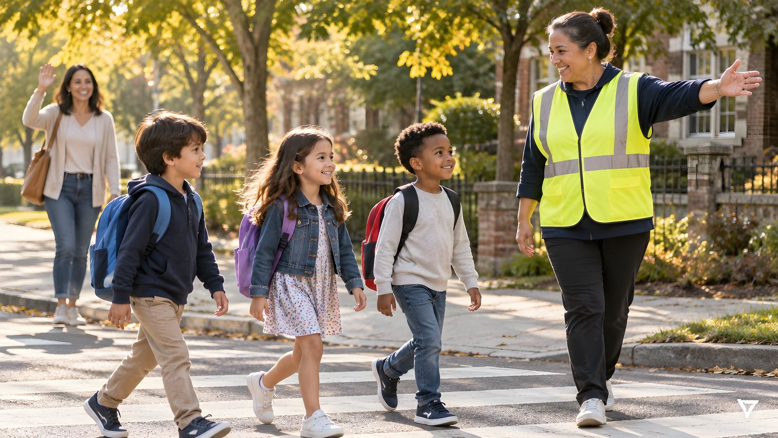A smiling crossing guard in a high-visibility vest guides three young children with backpacks across a crosswalk on a sunny autumn morning while a parent waves goodbye.