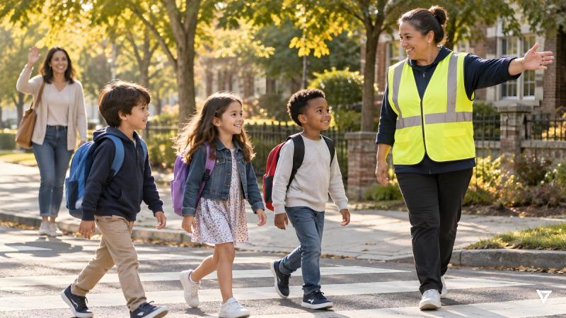 A smiling crossing guard in a high-visibility vest guides three young children with backpacks across a crosswalk on a sunny autumn morning while a parent waves goodbye.