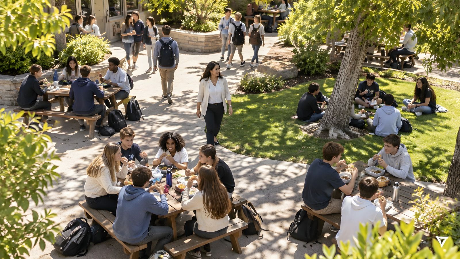 High-angle view of a busy, sunlit school courtyard where students eat lunch at picnic tables and on the lawn.