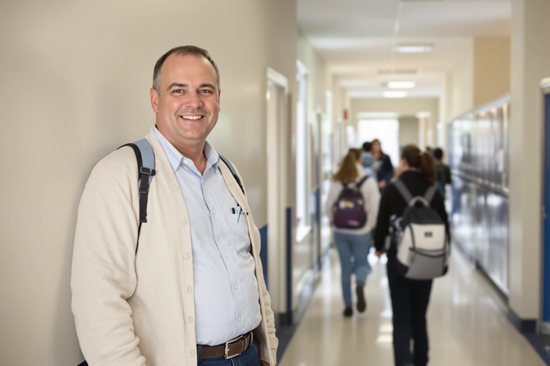 A school staff member standing in a bright corridor as students walk past between classes.