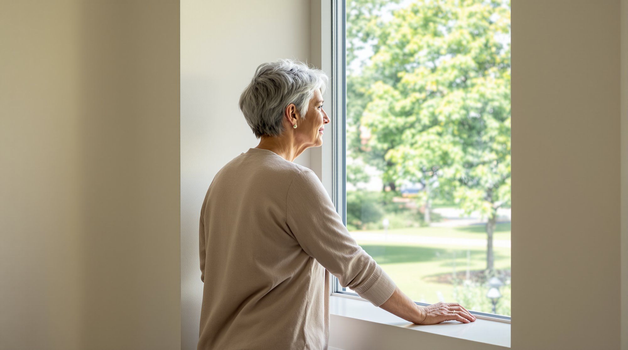 A school administrator standing at an office window, looking out over a sunlit school courtyard.