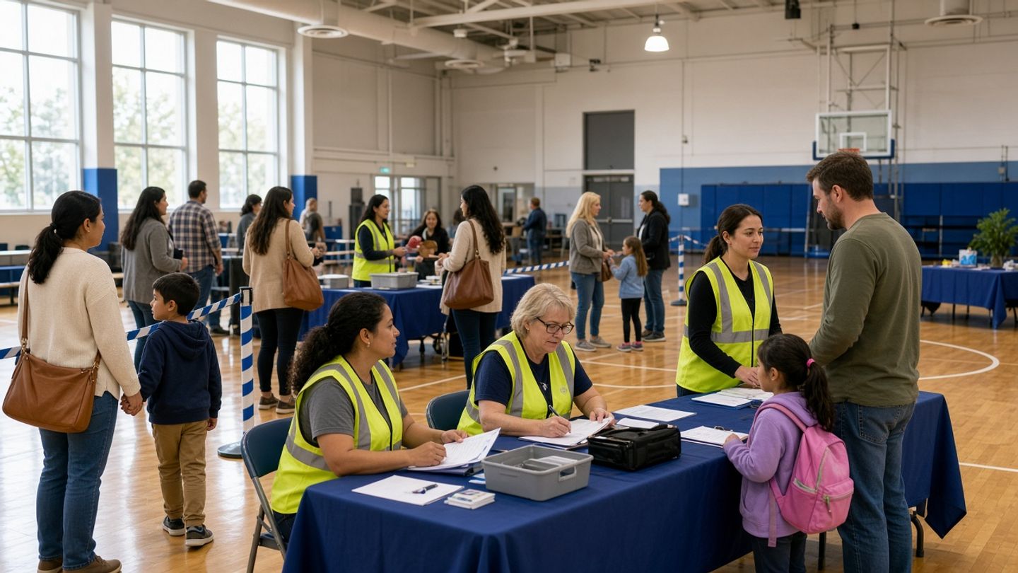 A school gym set up as a reunification site, with staff in safety vests at check-in tables helping families and children.