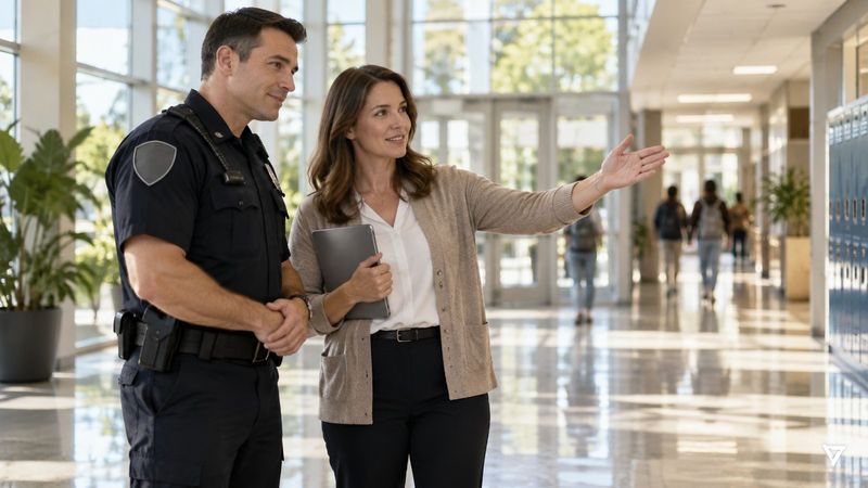 A school resource officer listens as a staff member points down a sunlit school hallway during a calm handoff, with students walking in the background.