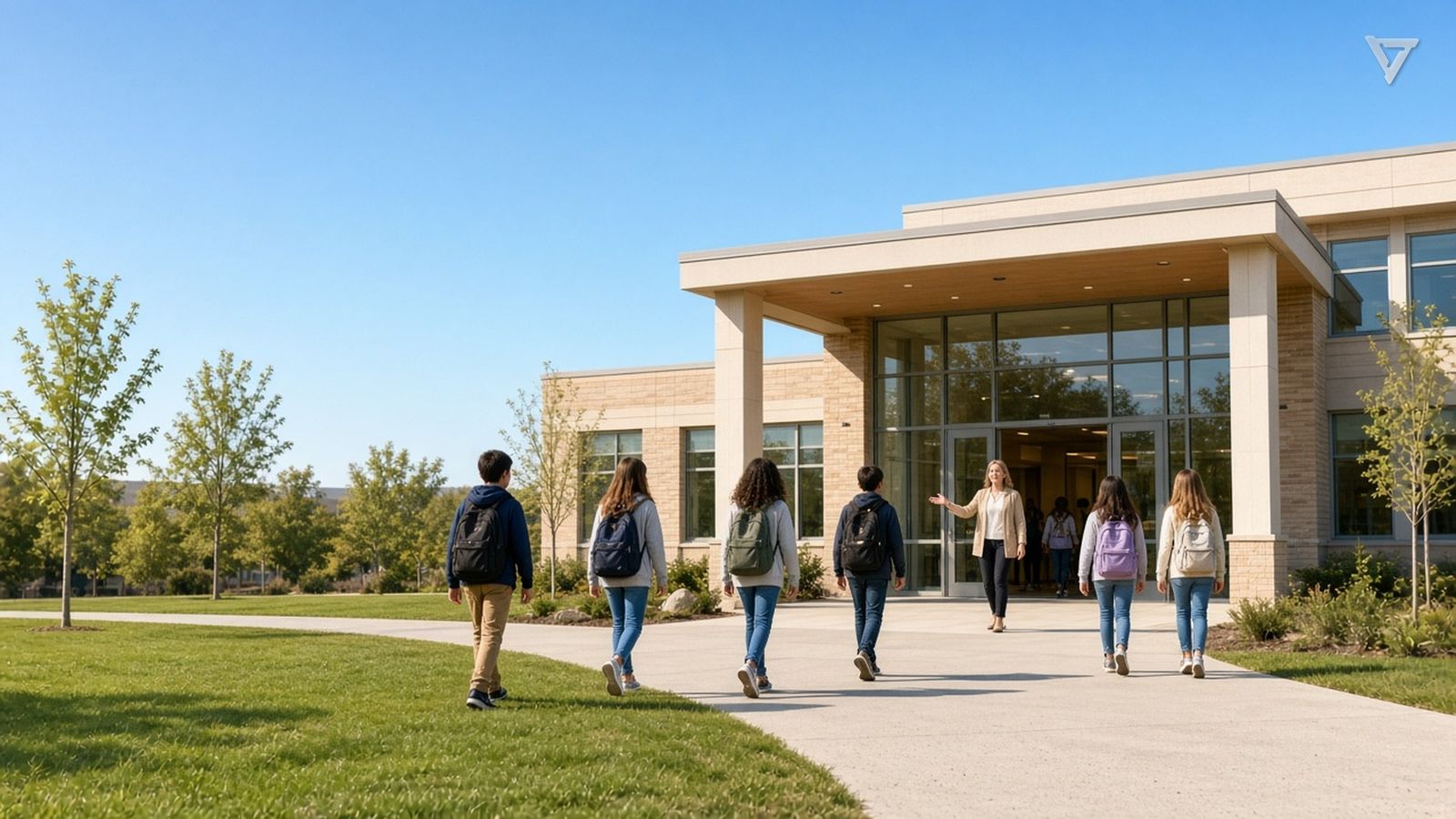 Students with backpacks walk across a sunny lawn toward a modern school entrance where a staff member welcomes them.