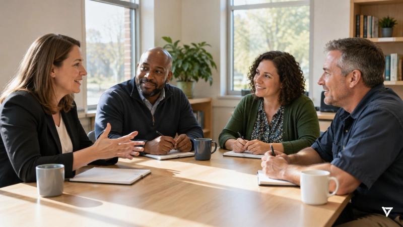 Four school staff members talk around a wooden table with notebooks and mugs in a sunlit meeting room.