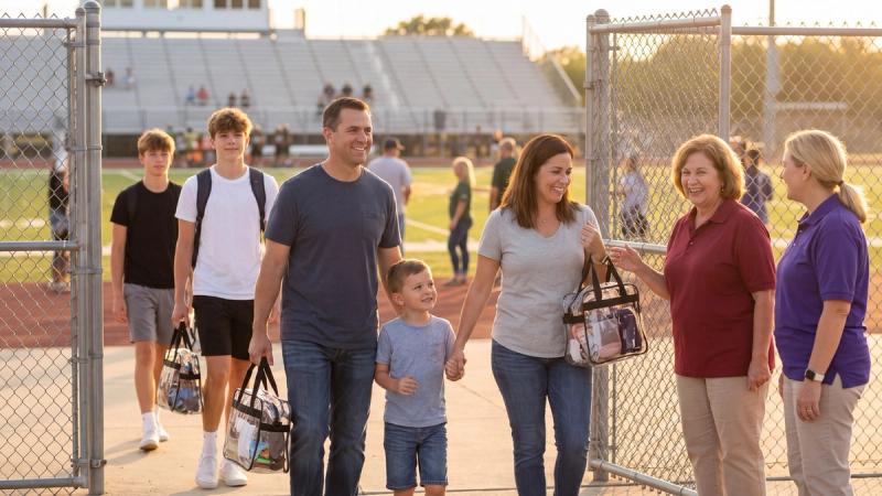 Smiling families and students carrying clear stadium bags walk through a high school stadium gate in late-afternoon sun as friendly volunteers greet them, with bleachers and the field behind.