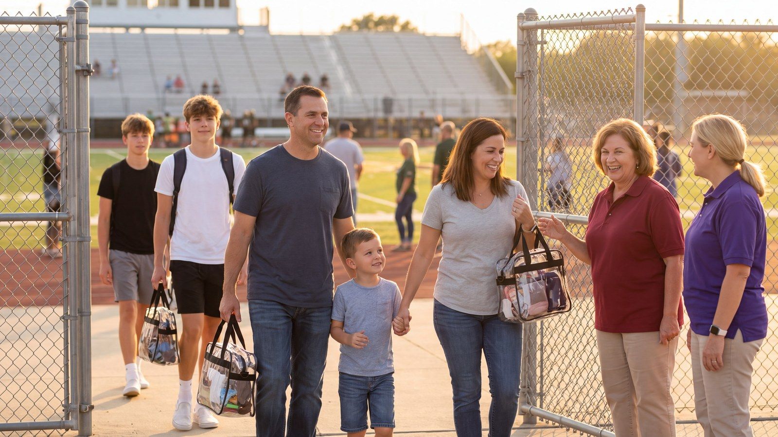 Smiling families and students carrying clear stadium bags walk through a high school stadium gate in late-afternoon sun as friendly volunteers greet them, with bleachers and the field behind.