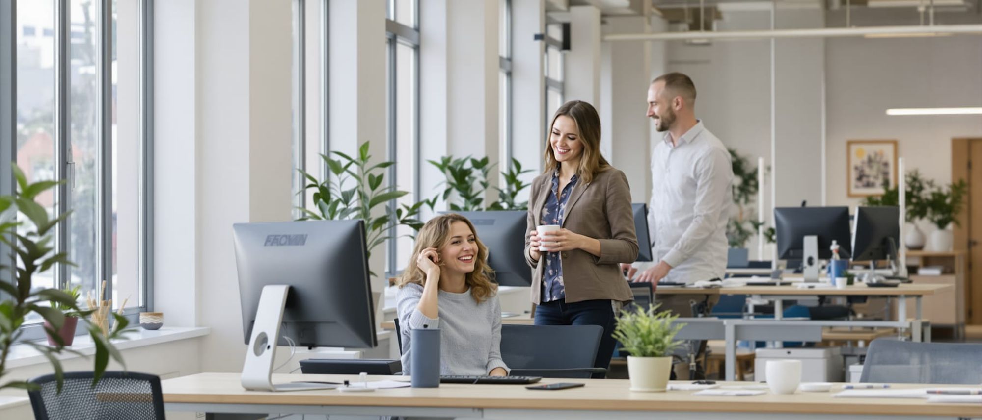 Colleagues talking at their desks in a bright open-plan office.