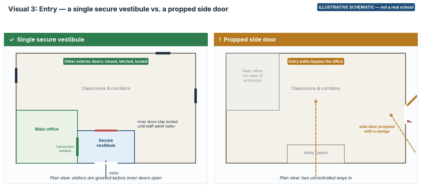 Plan-view schematic comparing a single secure vestibule beside the main office with a building where a side door propped open with a wedge bypasses the office.
