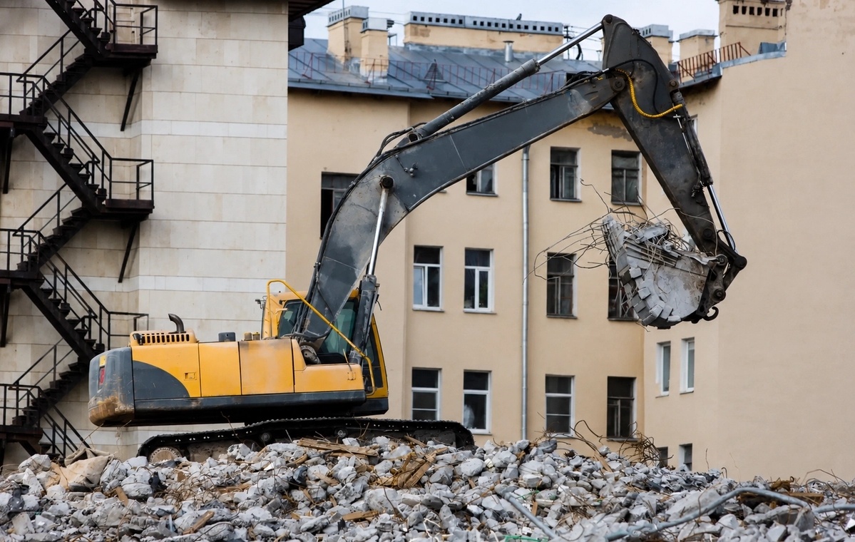 Commercial demolition contractors using excavators and cranes to dismantle a building in Sydney.