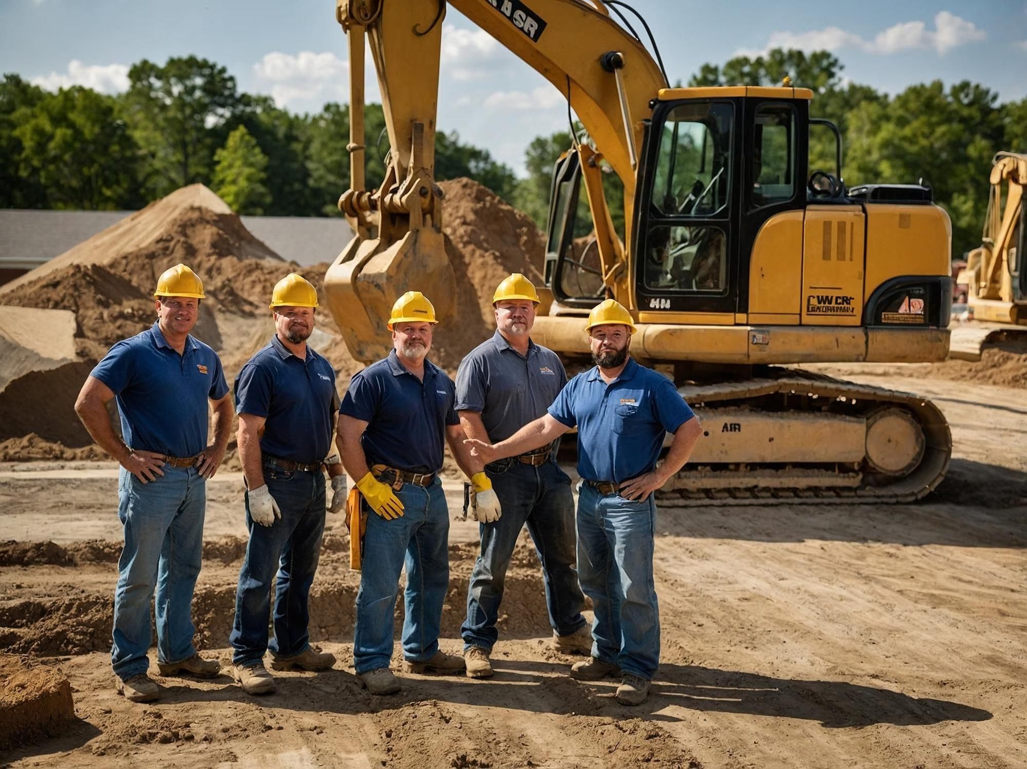 OUSS Civil team standing at an active excavation site with excavator, delivering professional civil construction and earthworks services.