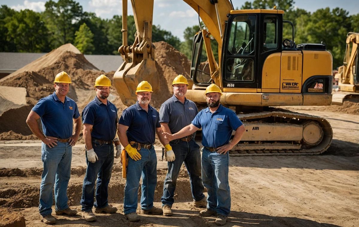 OUSS Civil team standing at an active excavation site with excavator, delivering professional civil construction and earthworks services.