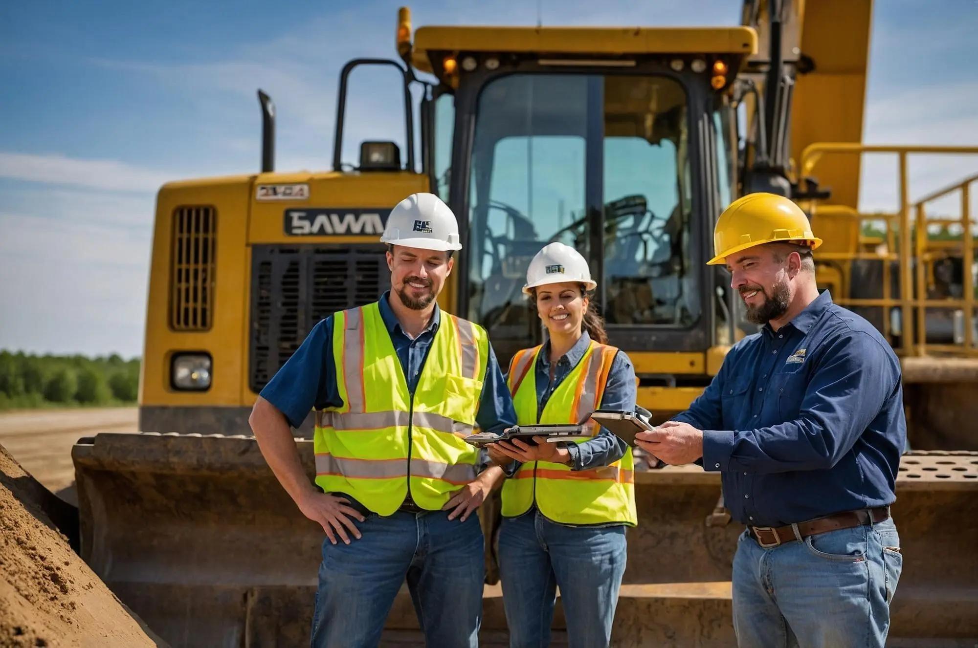 OUSS Civil team reviewing construction plans on-site in front of heavy earthmoving equipment, ensuring safe and efficient project delivery.