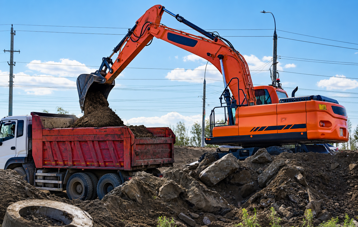Excavator loading excavated soil into a tipper truck during professional dirt removal and spoil removal services in Sydney, NSW.