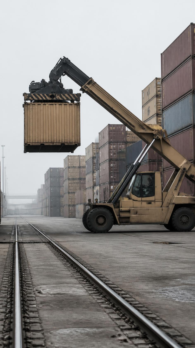 Reach stacker lifting a container over a rail-served stacking yard, no people present