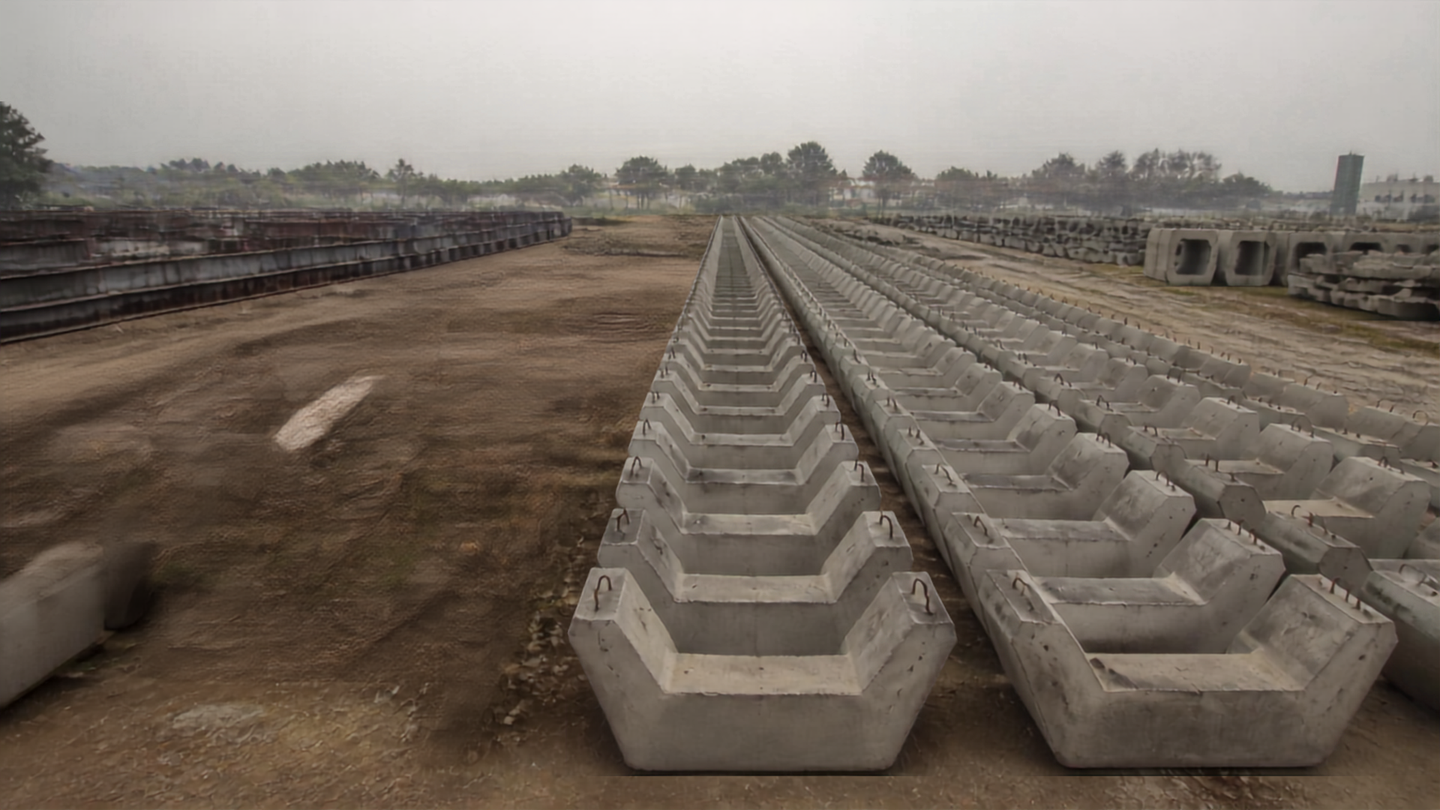 Rows of identical U-shaped precast concrete metro girder segments stored on open ground, receding in strict lines into haze.