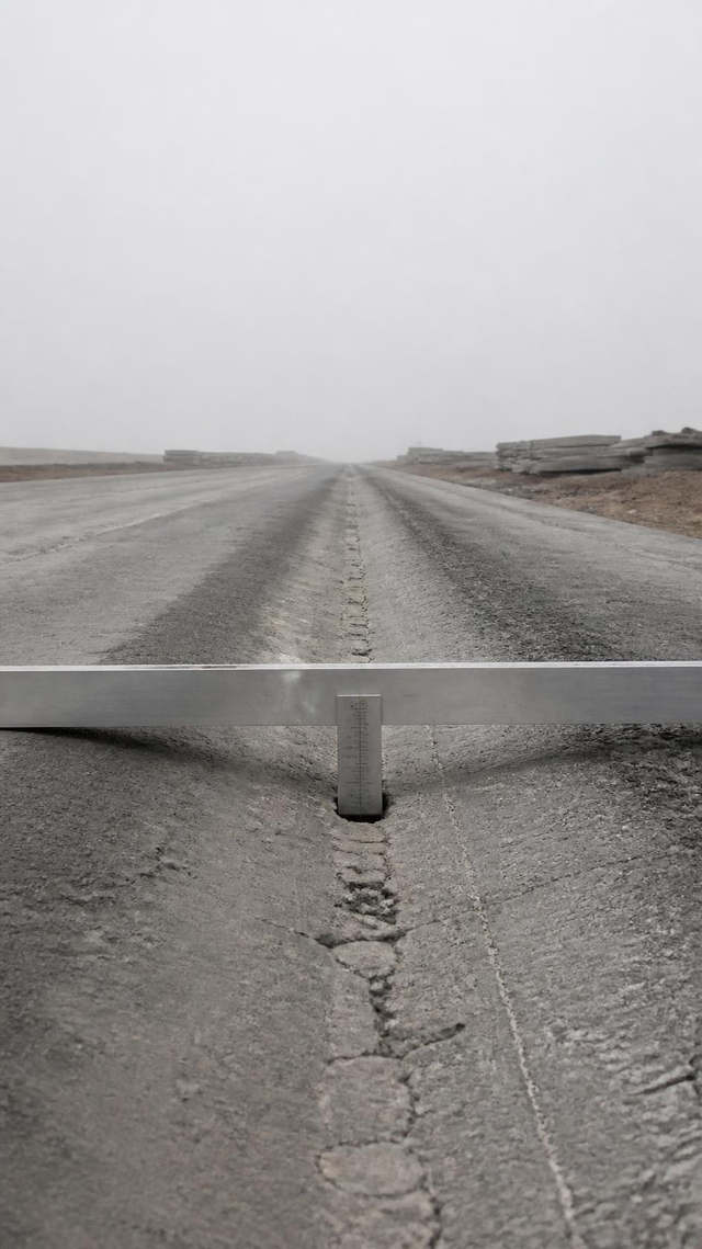 Straightedge laid across a national highway carriageway to measure rut depth, no people present