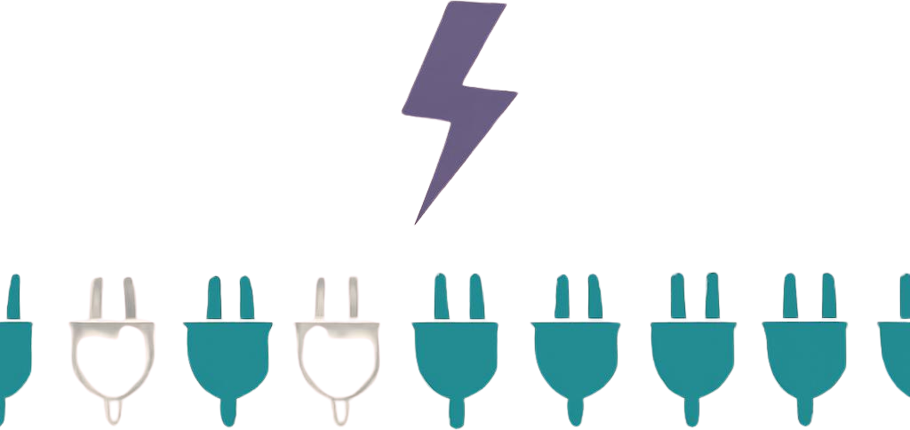 llustration of a row of EV charging plugs with some faded to grey outlines, beneath a purple lightning bolt — representing India's installed but non-functional public chargers.