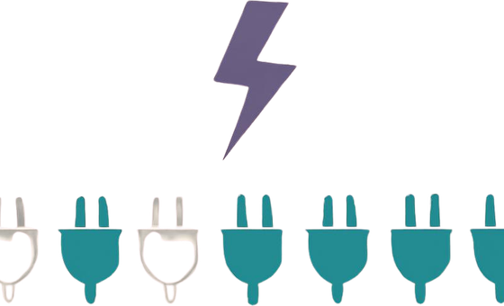 llustration of a row of EV charging plugs with some faded to grey outlines, beneath a purple lightning bolt — representing India's installed but non-functional public chargers.