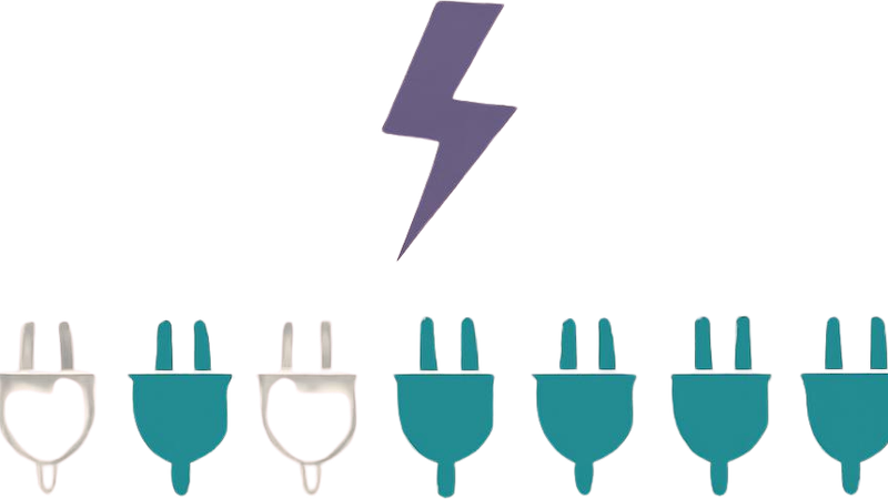 llustration of a row of EV charging plugs with some faded to grey outlines, beneath a purple lightning bolt — representing India's installed but non-functional public chargers.