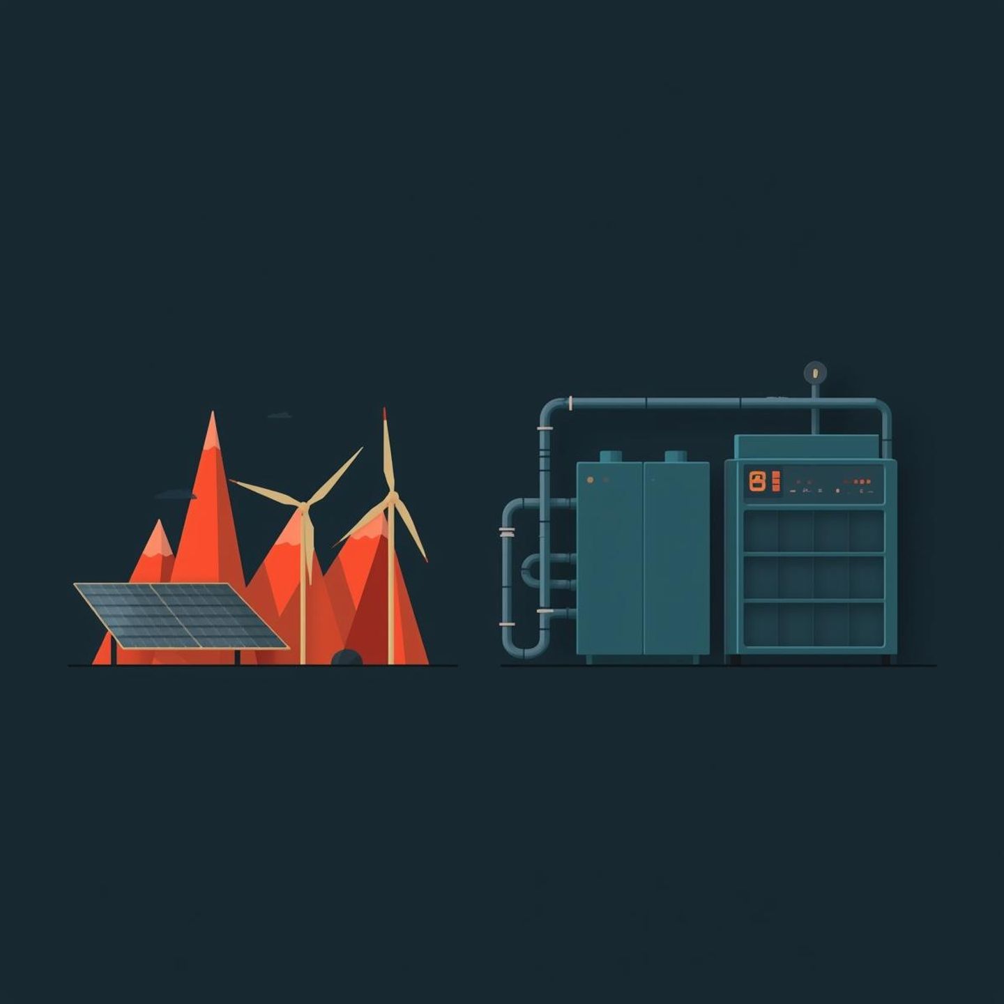 A flat vector illustration on a dark obsidian background. Solid terracotta geometric shapes representing solar panels and wind turbines connect via thick steel-grey conduits into a massive, highly structured teal industrial battery and processing block on the right.
