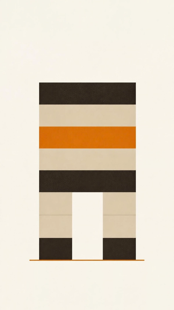 A metro viaduct span, a flat deck on two legs, banded in umber and sand with one amber band, drawn as a flat illustration.
