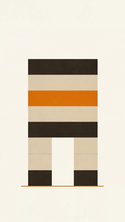 A metro viaduct span, a flat deck on two legs, banded in umber and sand with one amber band, drawn as a flat illustration.