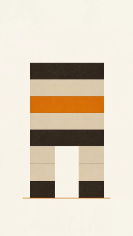 A metro viaduct span, a flat deck on two legs, banded in umber and sand with one amber band, drawn as a flat illustration.