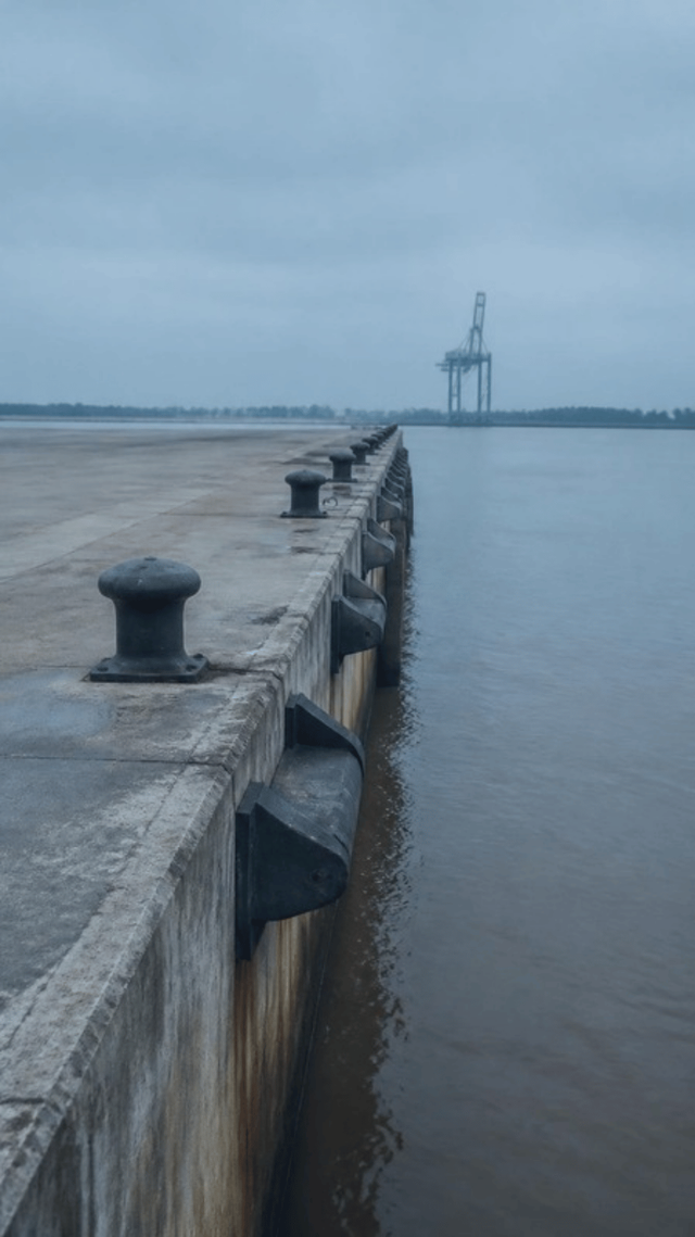 An empty concrete quay apron at an Indian river port, with a line of cast iron mooring bollards along the water edge and the bare legs of a container crane in the distance.