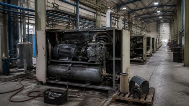 Open industrial compressor with spare parts on a pallet, and a row of identical machines receding down a plant hall.