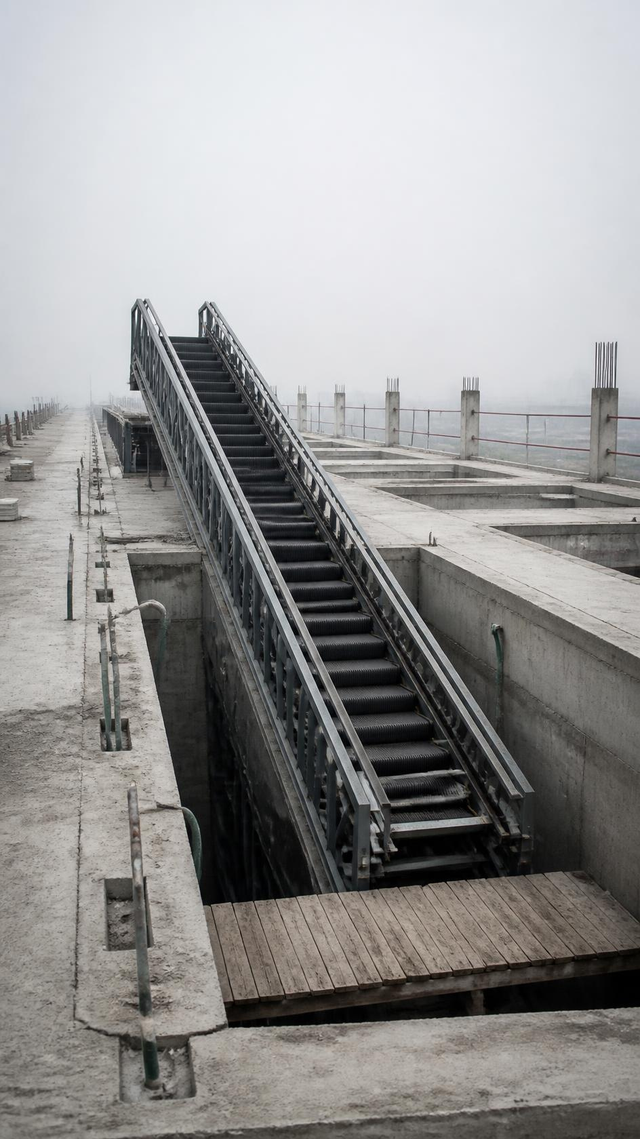 Escalator truss set into the void of an elevated metro station, no people present