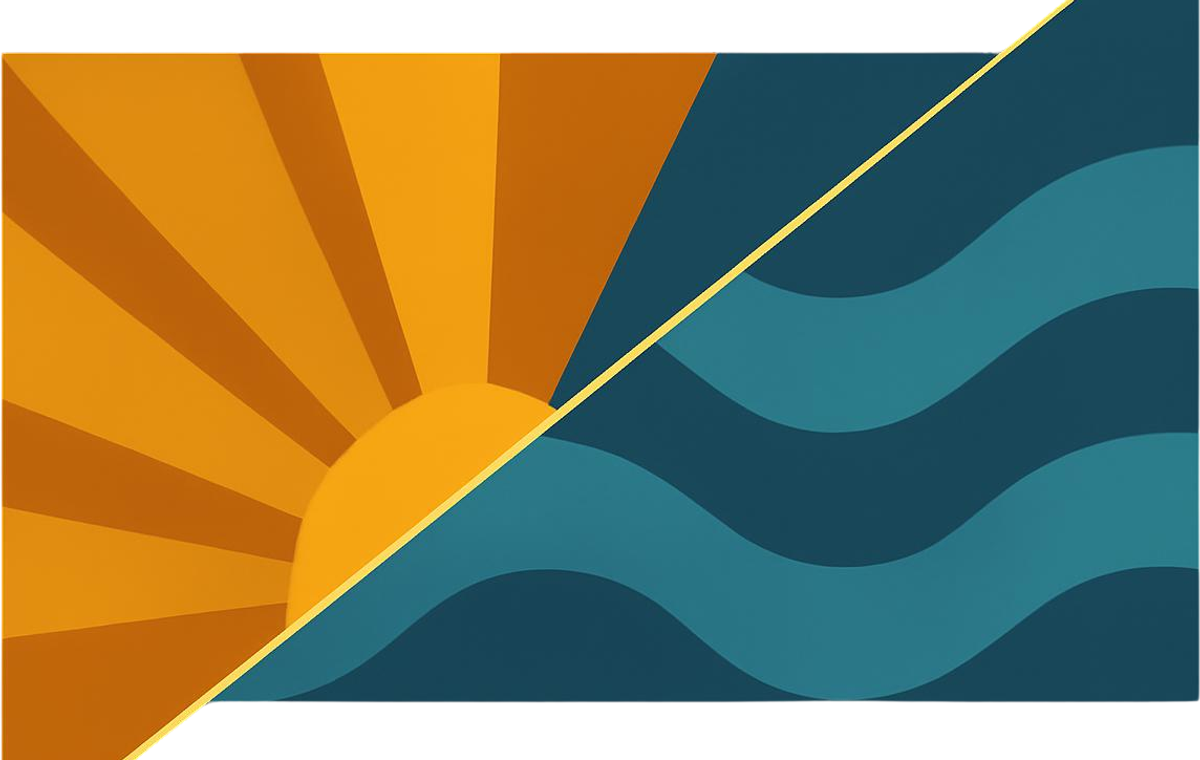 Diagonal split illustration: a gold sunburst representing solar power meets teal waves representing hydropower.