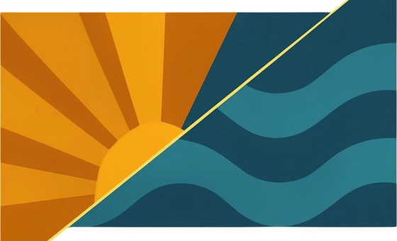 Diagonal split illustration: a gold sunburst representing solar power meets teal waves representing hydropower.