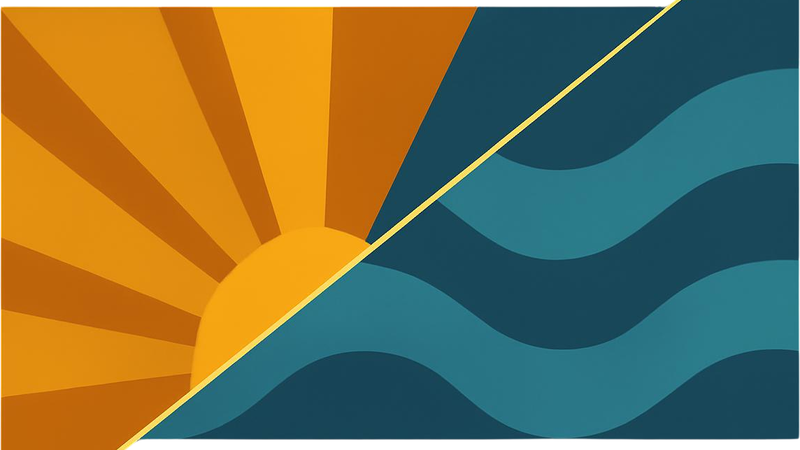 Diagonal split illustration: a gold sunburst representing solar power meets teal waves representing hydropower.