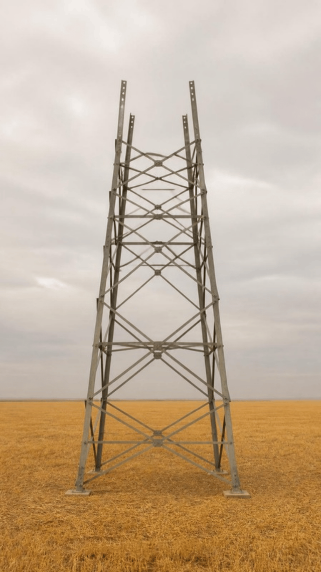 A part erected steel lattice transmission tower standing in flat open farmland, complete to about two thirds of its height with no cross arms fitted and no conductor strung.