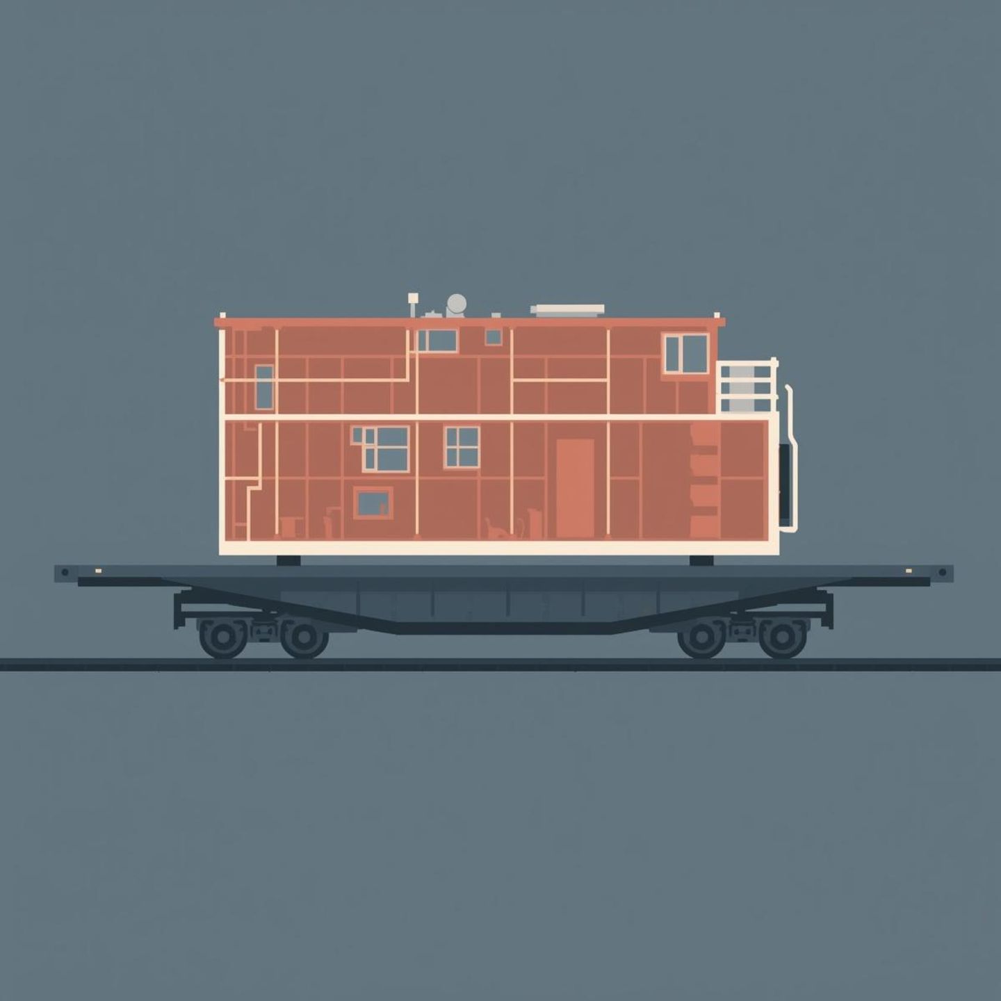 A minimalist vector illustration of a massive, fully completed brick red and off-white architectural module resting securely on a heavy dark charcoal transport vehicle moving along a track.